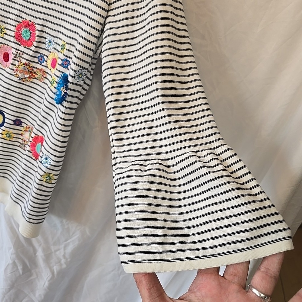 Talbots Women's L Striped 3/4 Sleeve Floral Embroidered Beads Boho Hippie Shirt - Picture 6 of 16